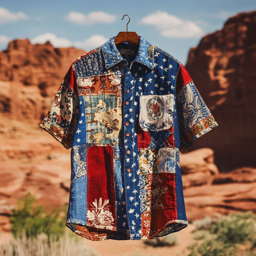 Men's  Independence Day America Blue Red With Floral Pattern Art Casual Short Sleeve Shirts elevenforest