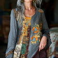 Vintage Tribal Patchwork Art Floral Embroidery Linen Blend  Women's Tops elevenforest