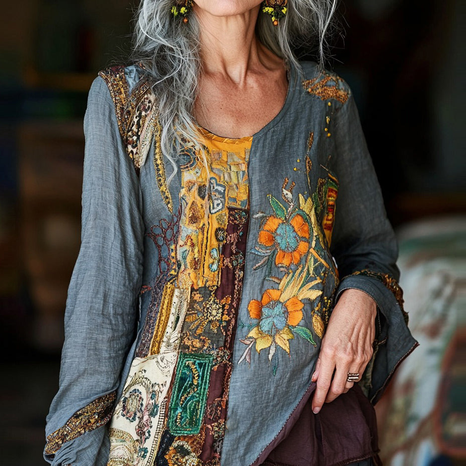 Vintage Tribal Patchwork Art Floral Embroidery Linen Blend  Women's Tops elevenforest