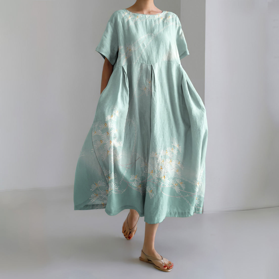 Japanese Art Flower Print Casual Midi Dress elevenforest