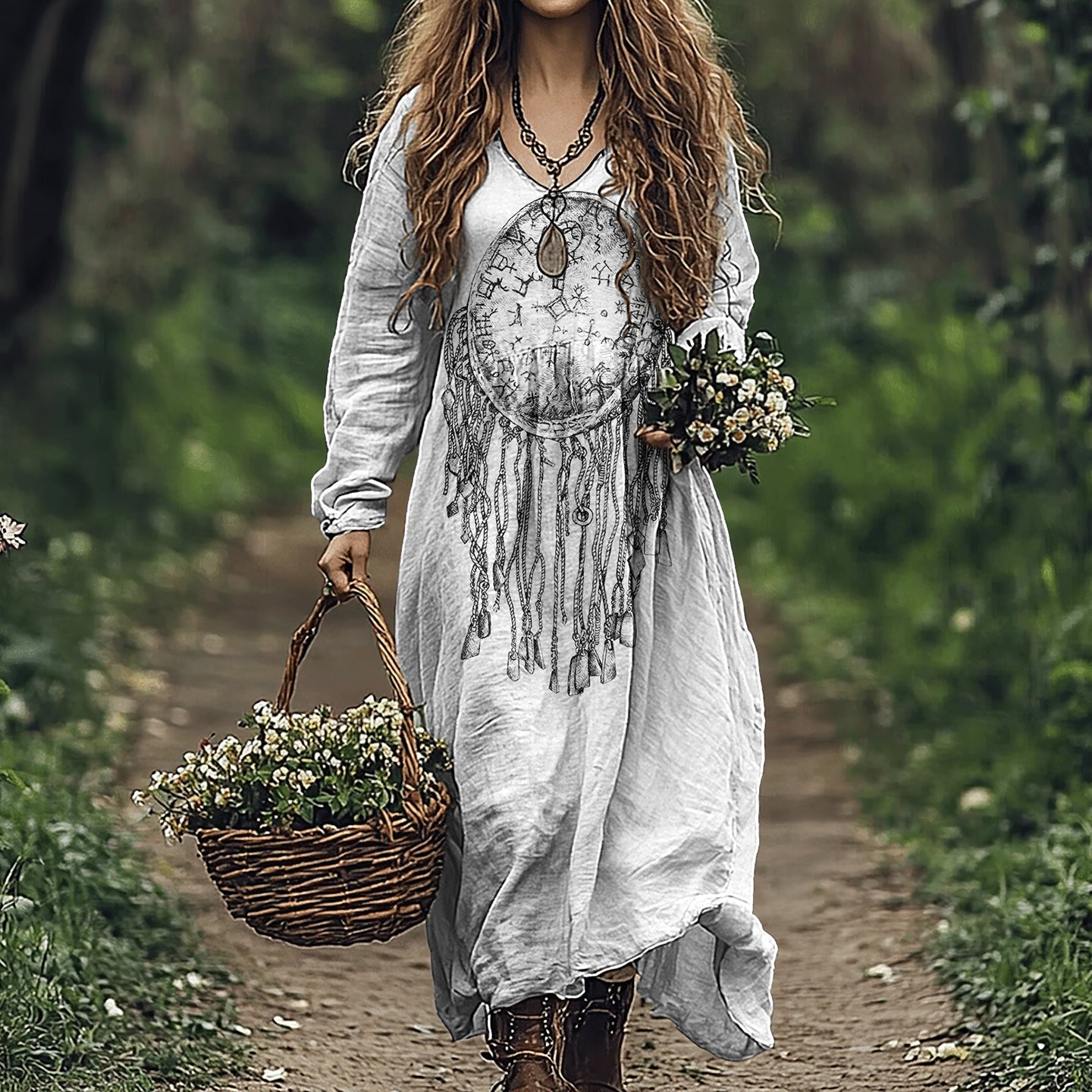 Women's Viking Pattern V Neck Long Sleeve Casual Maxi Dress elevenforest