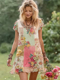 Boho Floral Patchwork Women's Round Neck Short Sleeve Mini Dress elevenforest