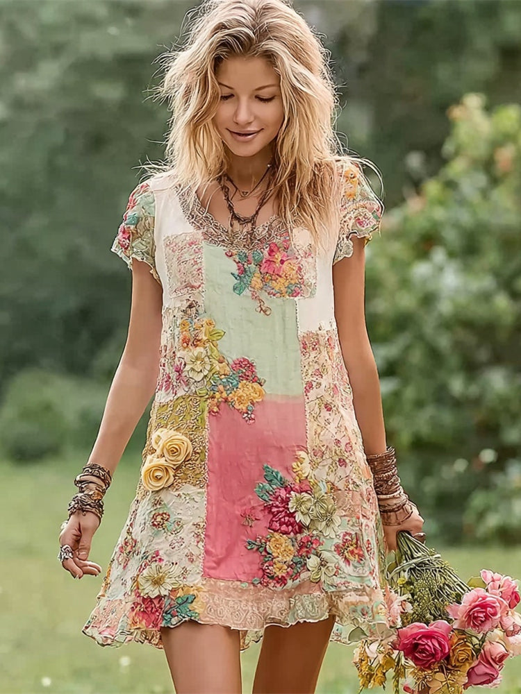 Boho Floral Patchwork Women's Round Neck Short Sleeve Mini Dress elevenforest