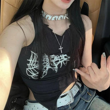 Summer Spider Web Print Tank Tops Aesthetic Hollow Out Bandage Punk Vest Irregular Causal Basic Y2k Crop Top