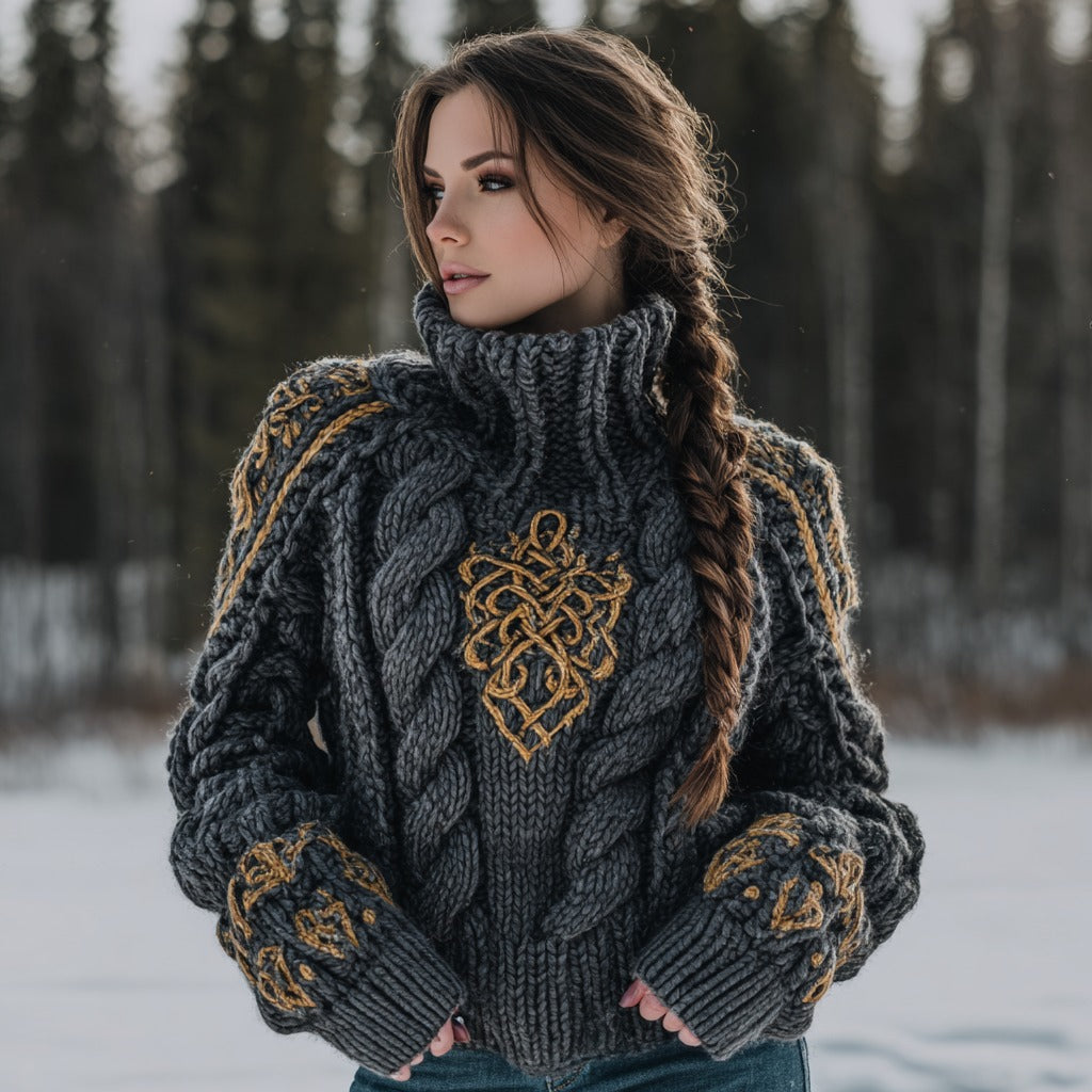 Women's Viking Celtic Knot Jacquard Warm Turtleneck Sweater elevenforest