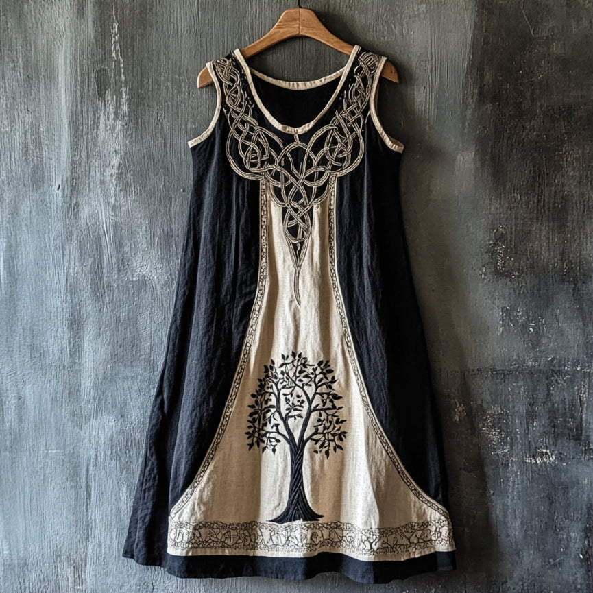 Vintage Viking Tree Of Life Art Linen Sleeveless Maxi Dress elevenforest