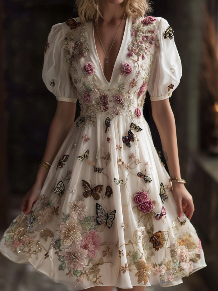 Bohemian Style Plant Flower And Butterfly Pattern Embroidery Women's Cotton And Linen Dress elevenforest