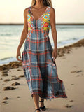 Women's Floral Vintage Plaid Art Print Pocket Cotton Dresses