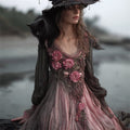 Vintage Witch Pink Roses Glitter Fiber Art Flowy Linen Dress elevenforest