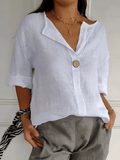 Women's Solid Color V-Neck Button Design Casual Cotton And Linen Shirt
