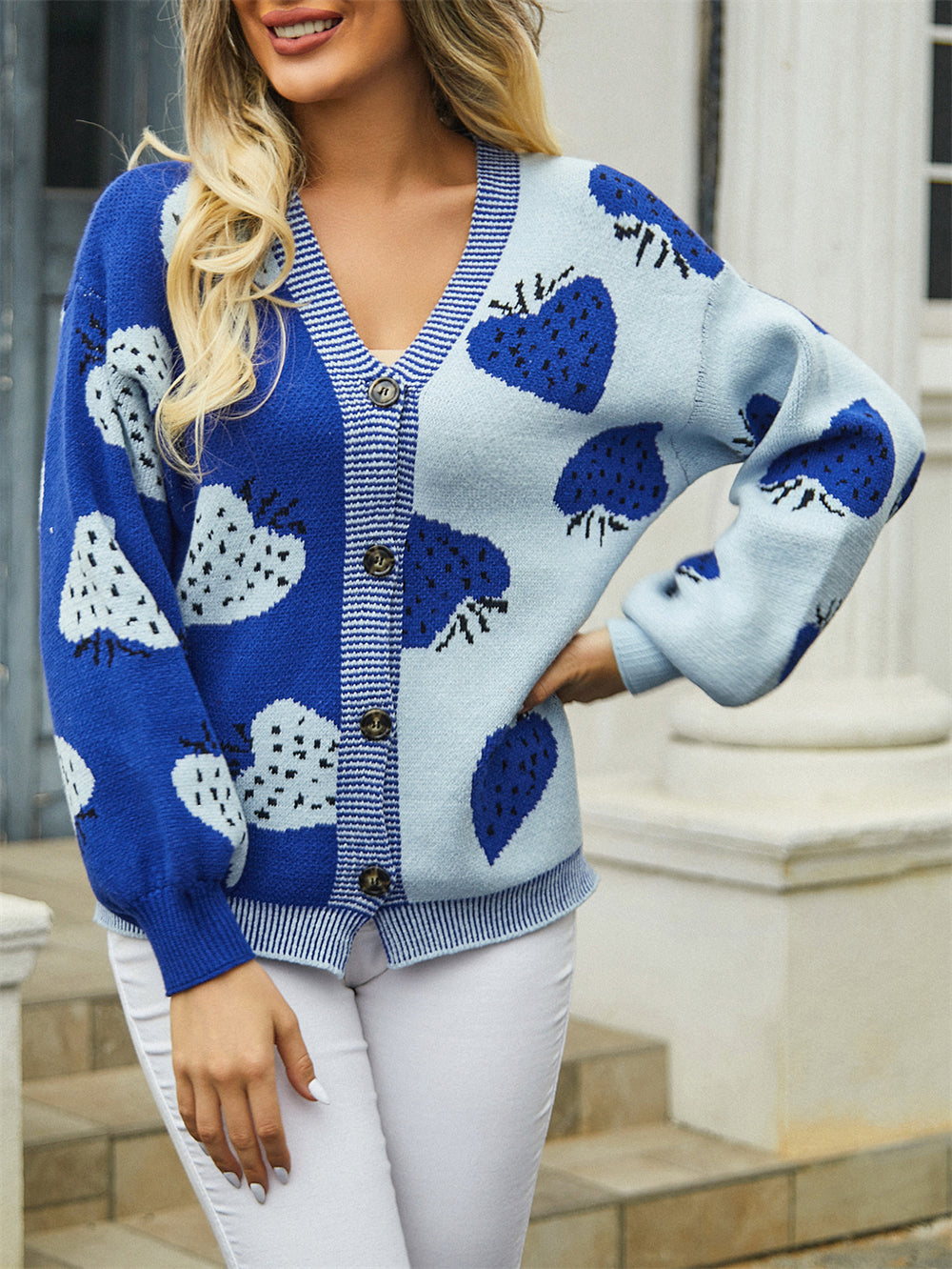 Autumn Winter ’s V-neck Strawberry Cardigan With Buttoned Coat