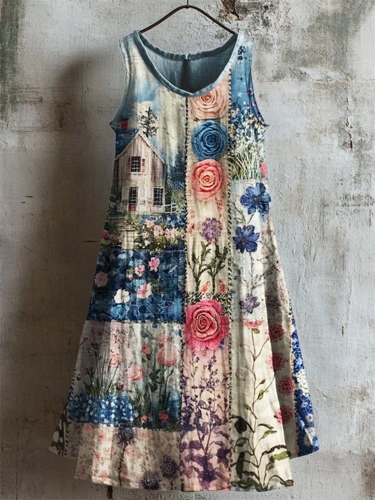 Cottage Floral Patchwork Fiber Art Linen Tank Dress elevenforest