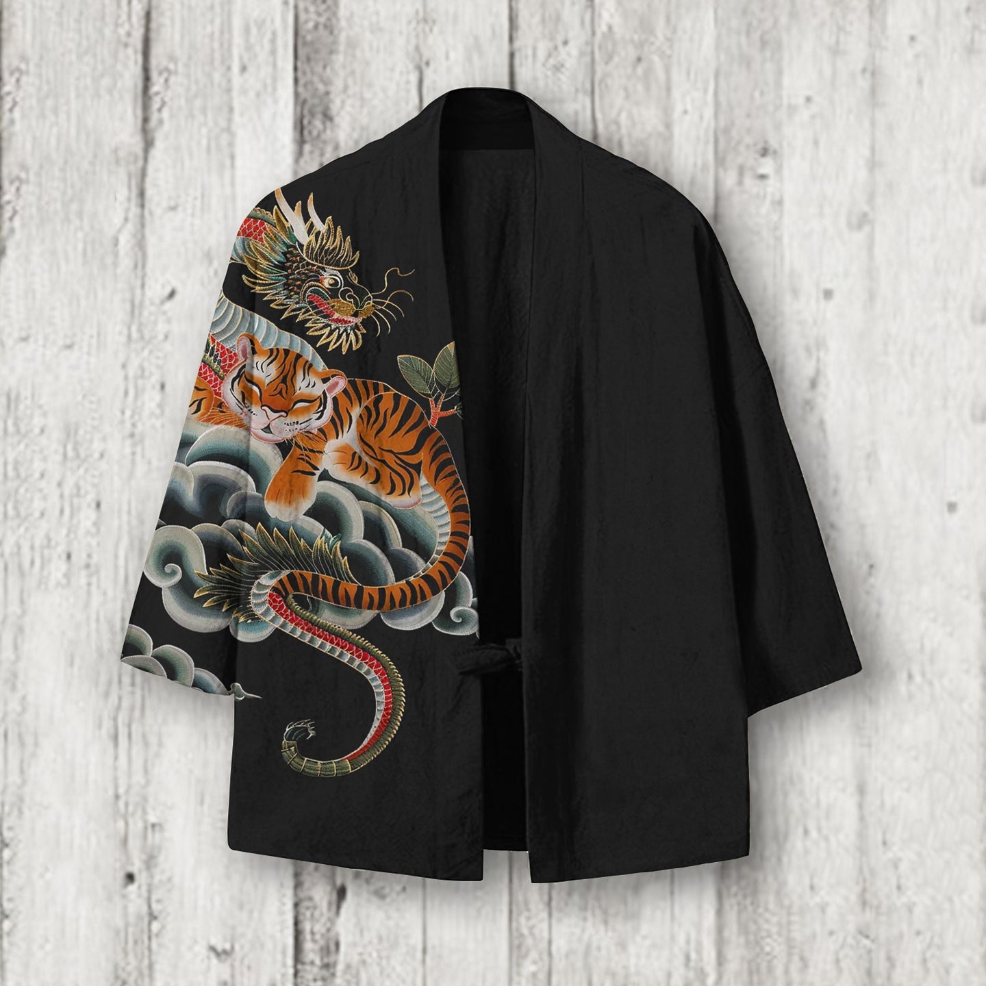 Men's Dragon And Tiger Art Linen Blend Kimono Cardigan elevenforest