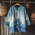 Vintage Waves Inspired Embroidery Japanese Art Linen Blend Cozy Tunic elevenforest