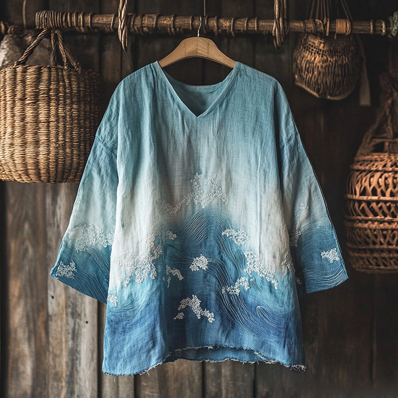 Vintage Waves Inspired Embroidery Japanese Art Linen Blend Cozy Tunic elevenforest