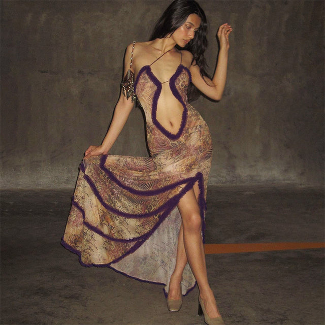 Noble Furry Halter Sleeveless Hollow Dress Camisole Shrunk Split Wave Cut Dress Prom Occasion Evening Gown