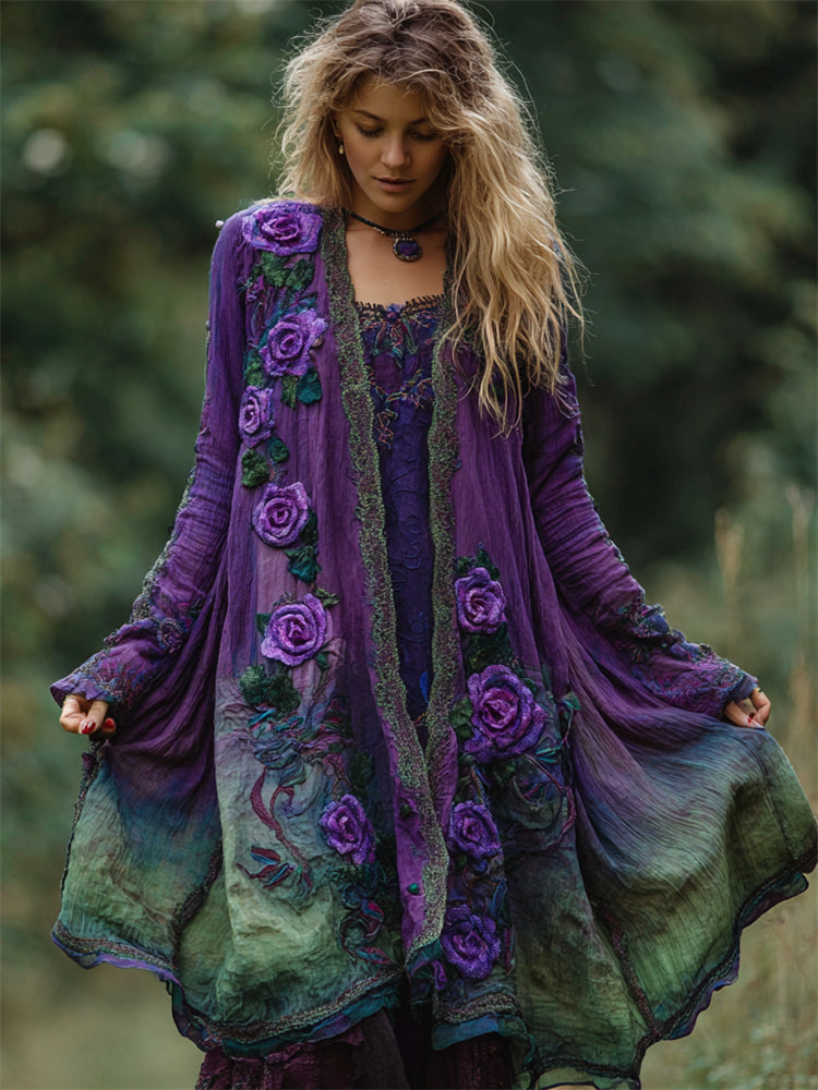 Vintage Purple Roses Embroidered Gradient Flowy Cardigan elevenforest