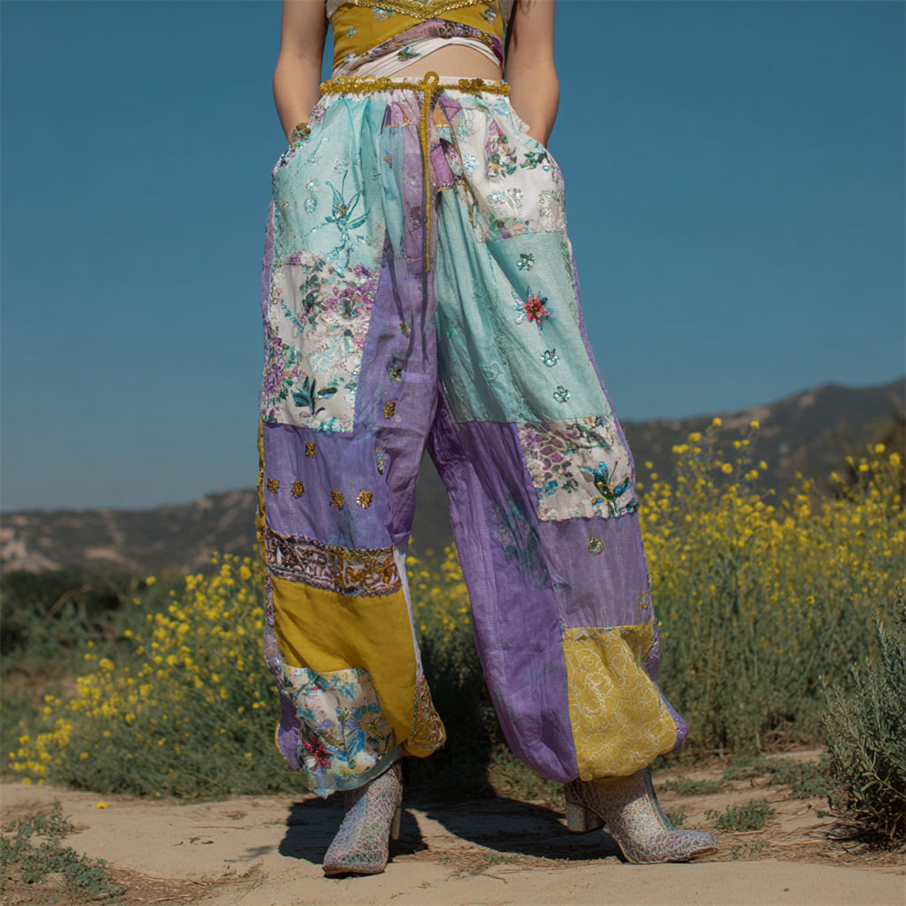 Vintage Boho Floral Patchwork Ethnic Embroidery Women's Linen Trousers elevenforest