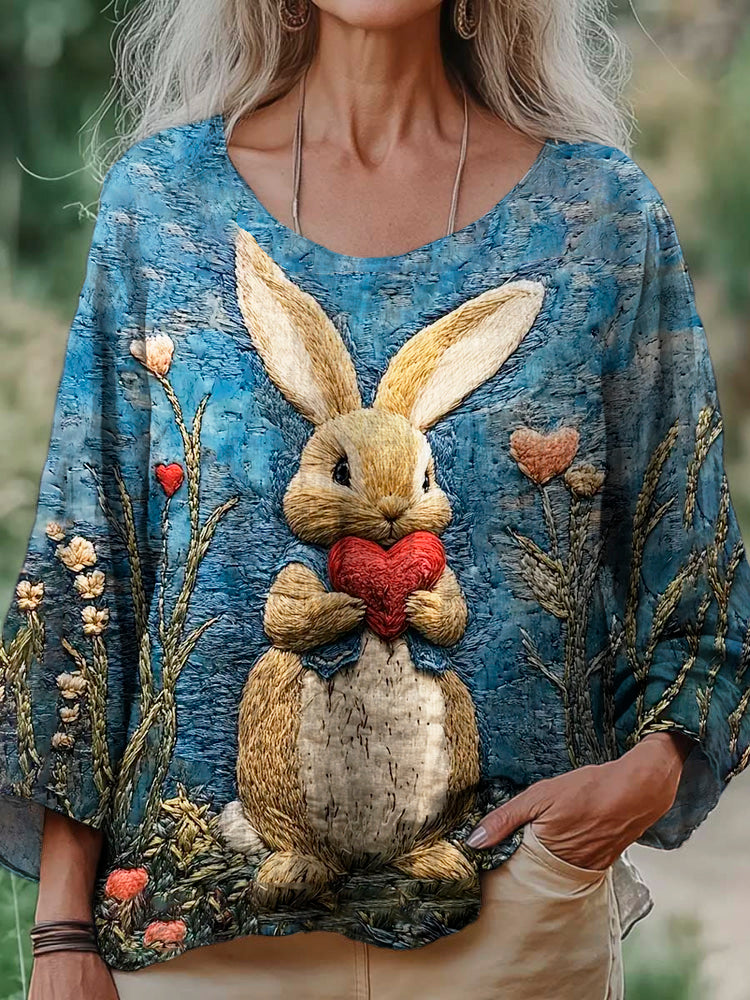 Comstylish Love Bunny Animal Embroidery Women's Linen Loose Shirt