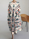 Bohemian Floral Pattern Long Sleeve Linen Blend Dress elevenforest