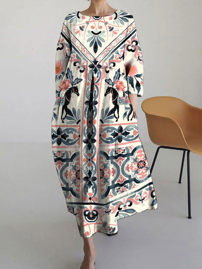 Bohemian Floral Pattern Long Sleeve Linen Blend Dress elevenforest