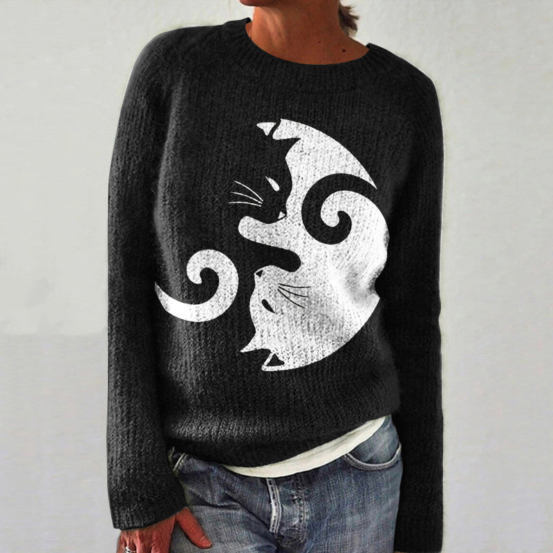 Abstract Creative Black And White Cats Painting Art Print Knitted Pullover Sweater elevenforest