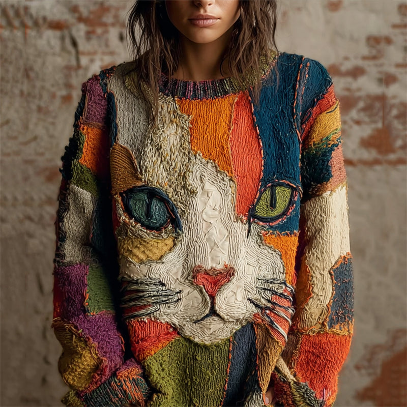 Comstylish Vintage Abstract Cat Face Colorblock Patchwork Cozy Knit Sweater