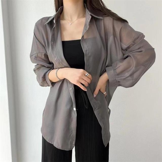 Perspective Shirts Sheer Thin Summer Simple Sun-proof Top Blouse Baggy All-match Basic Korean Clothing