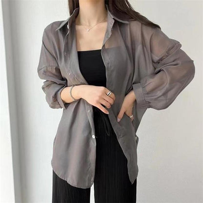 Perspective Shirts Sheer Thin Summer Simple Sun-proof Top Blouse Baggy All-match Basic Korean Clothing