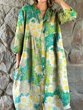 Women's Sunflower Floral Pattern Shirt Cotton and Linen Dress with Poc