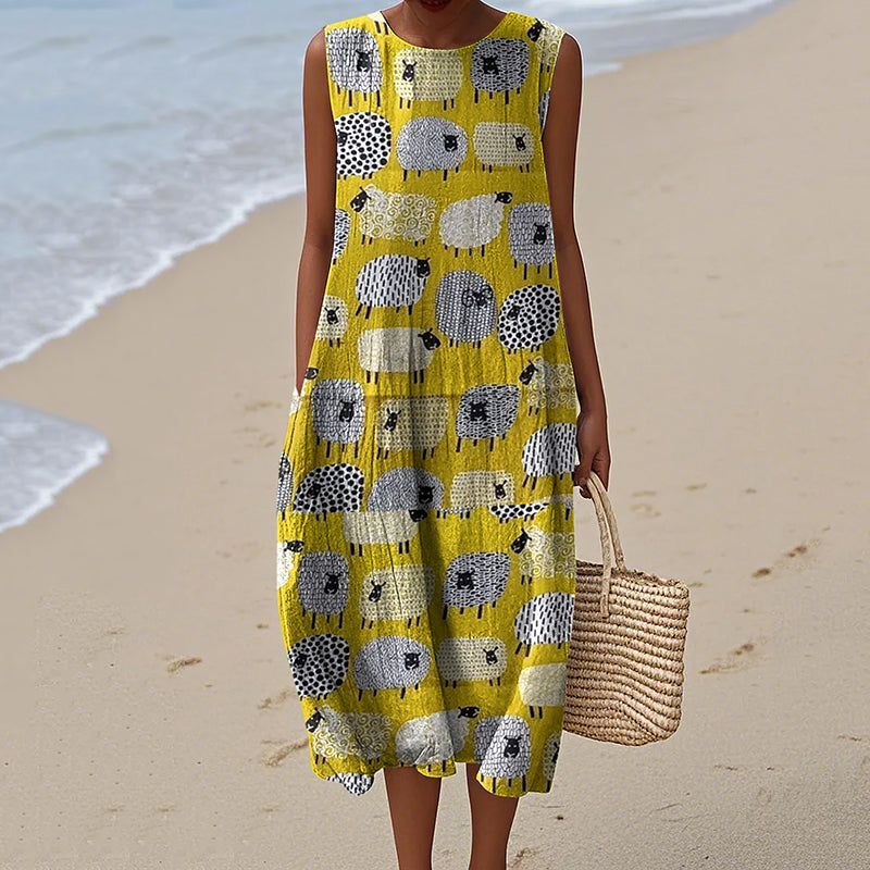 Women's Dotty Sheep Art Print Crew Neck Tank Midi Dress elevenforest