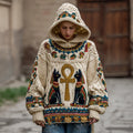 Comstylish Women's Ancient Egyptian Ankh And Black Cat Art Knitted Warm Hooded Sweater