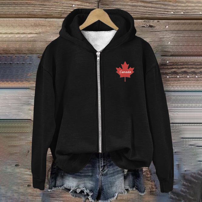 Comstylish Women's Canada Maple Leaf Embroidered Casual Zip Hoodie