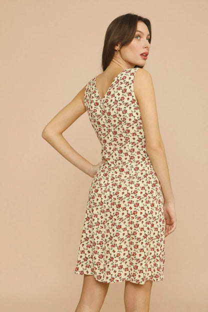 Sleeveless V-neck Print Midi Dress Yellow