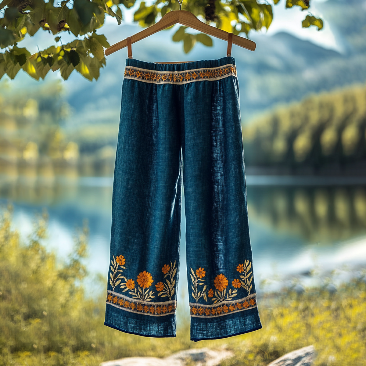 Vintage Embroidered Flower Linen Blend Wide Leg Casual Pants elevenforest