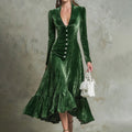 Comstylish Vintage Elegant Solid Color Button-down Collar Waist Cinching Midi Dress