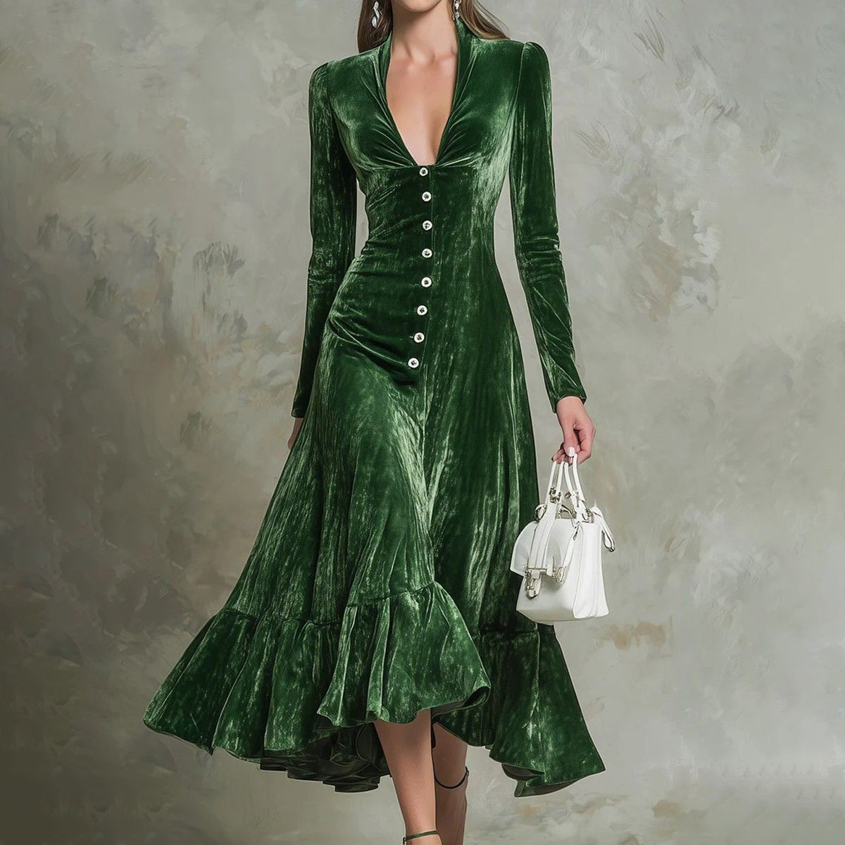 Comstylish Vintage Elegant Solid Color Button-down Collar Waist Cinching Midi Dress