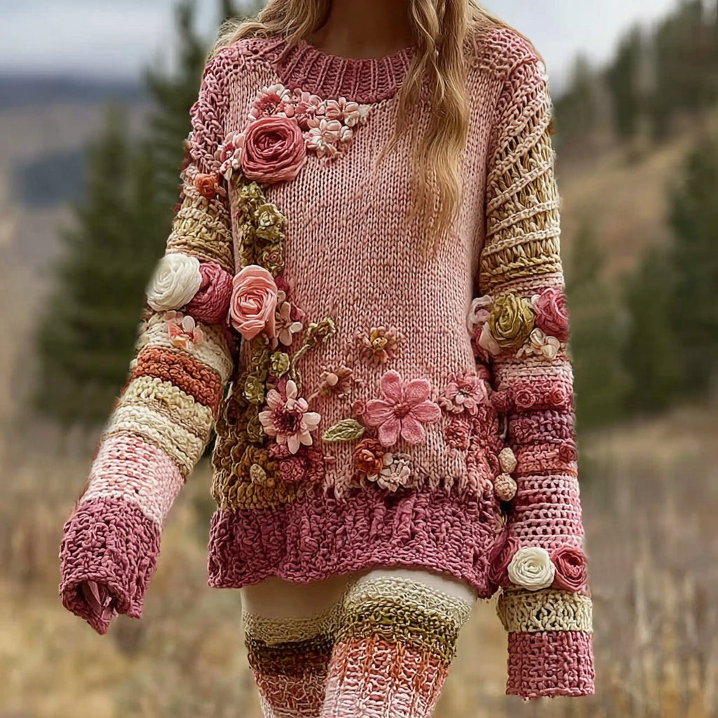 Women's Retro Color Block  Rose Floral Art Cozy Crew Neck Sweater elevenforest