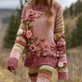 Women's Retro Color Block  Rose Floral Art Cozy Crew Neck Sweater elevenforest