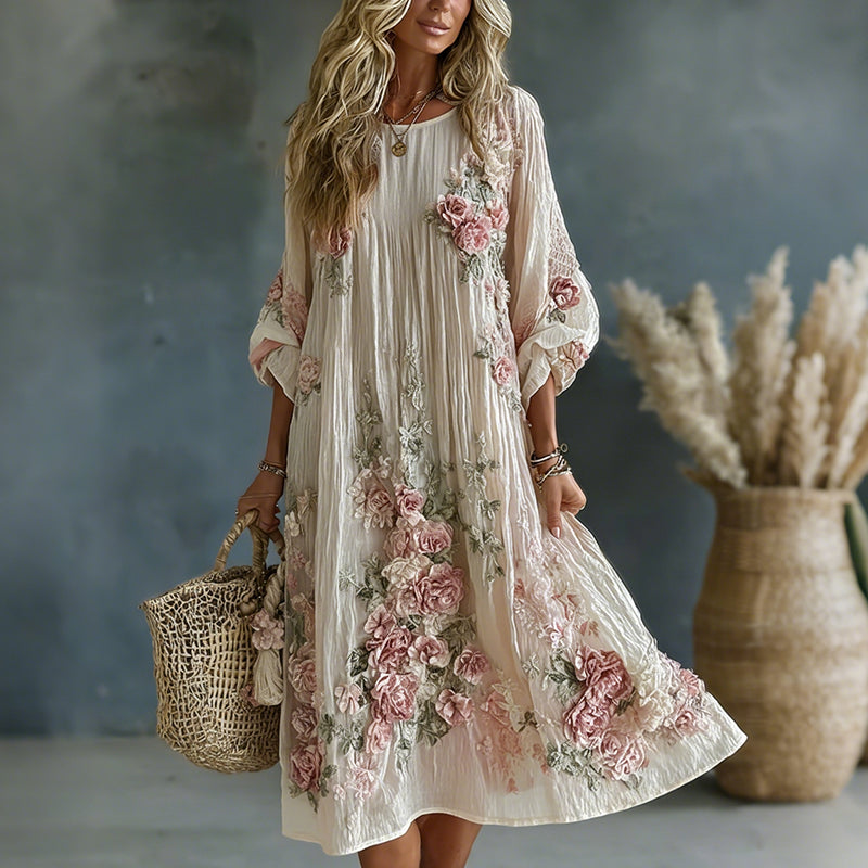Women's Floral Art Flowy Linen Blend Casual Long Sleeve Maxi Dress elevenforest