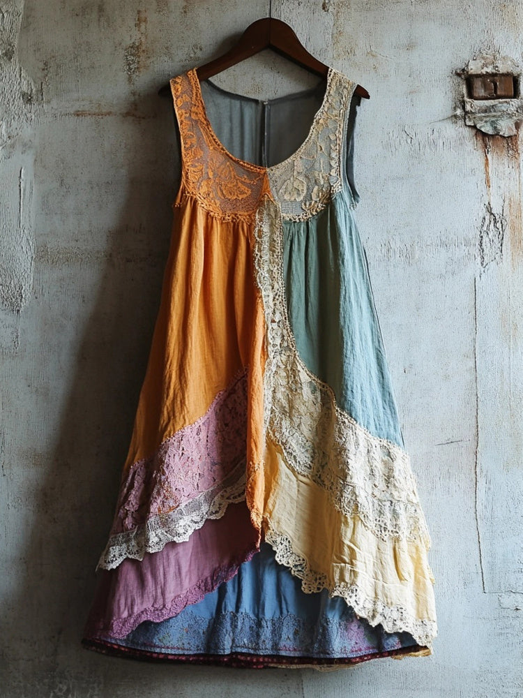 Retro Lace Patchwork Cozy Linen Tank Dress elevenforest