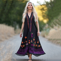 Vintage Bohemian Floral Embroidery Art Sleeveless  Cozy Linen Maxi Dress elevenforest