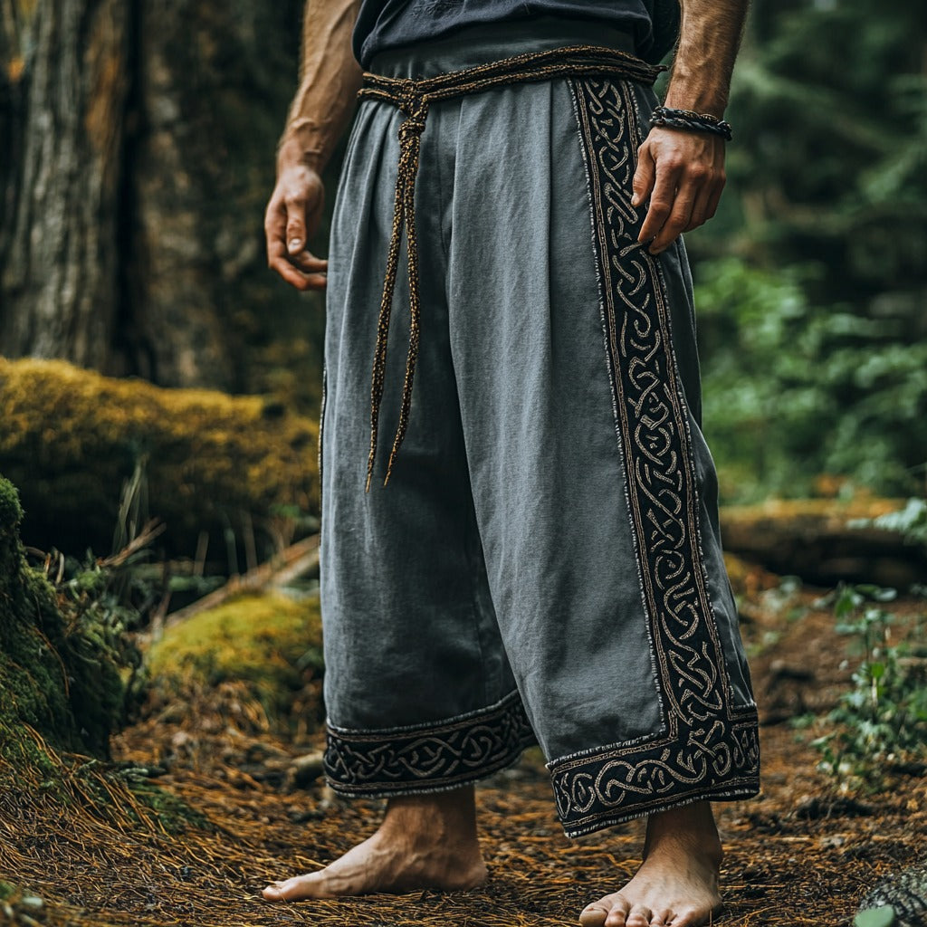 Tribal Viking Celtic Embroidery Art Linen Long Loose Wide-leg Pants elevenforest