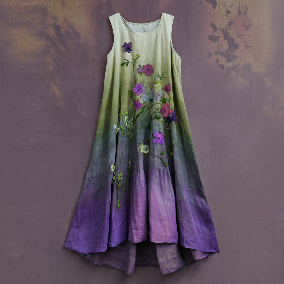 Bohemian Style Three-dimensional Floral Pattern Green And Purple Gradient Long Dress elevenforest