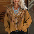 Women's Vintage Tribal Tassels Art Print V-neck Cozy Sweater elevenforest