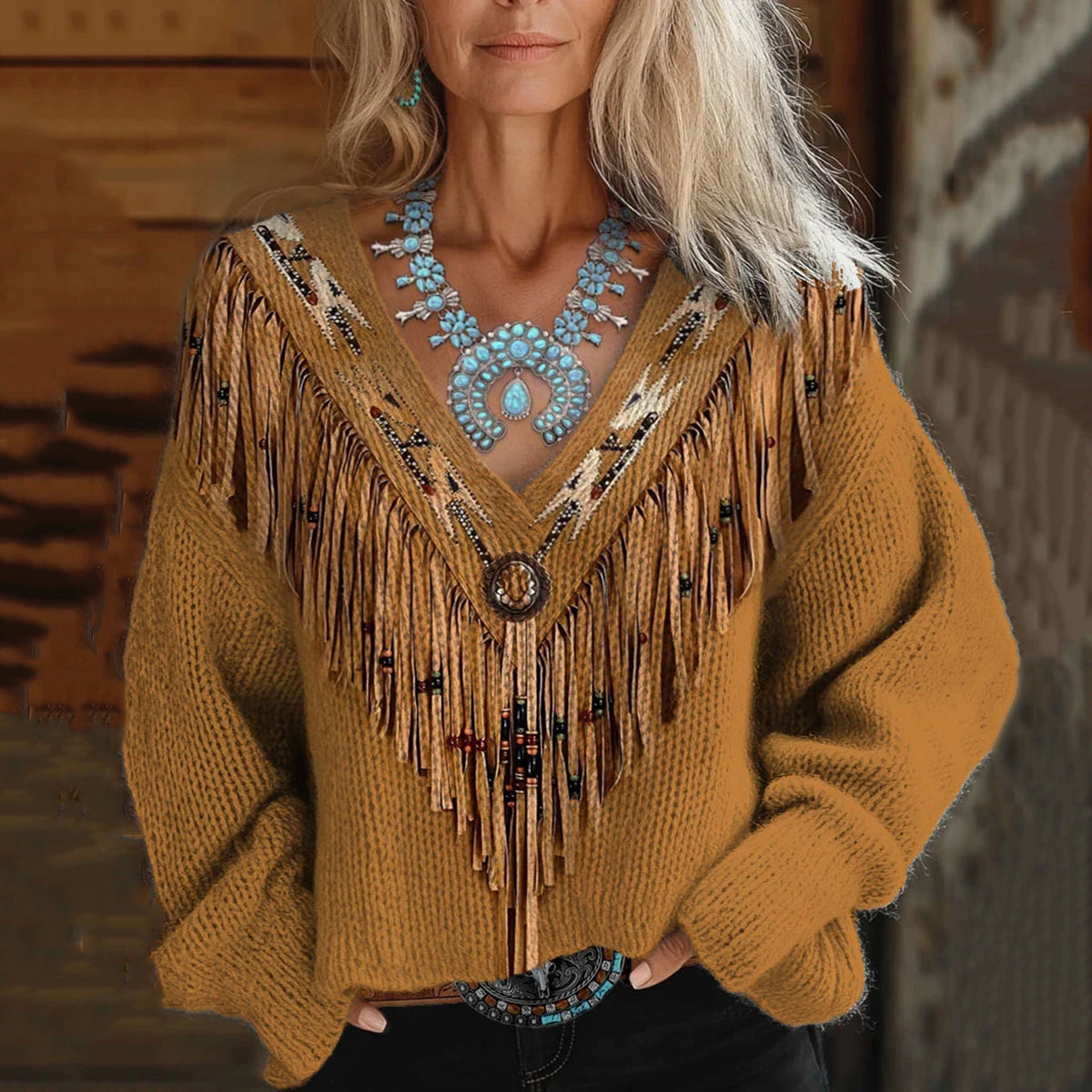 Women's Vintage Tribal Tassels Art Print V-neck Cozy Sweater elevenforest
