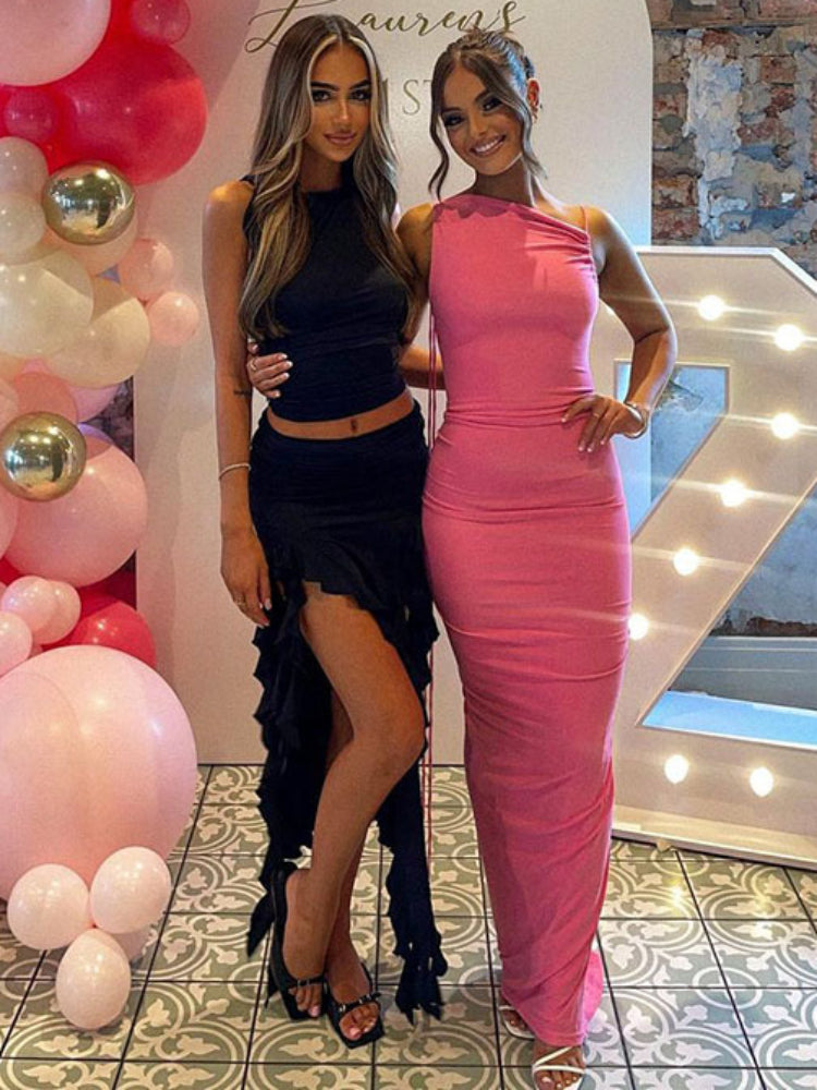 Taruxy Ruffle Side Slit Dress Sets Bodycon Sleeveless O Neck Crop Tops High Waist Sheath Skirt 2 Piece Sets Outfits