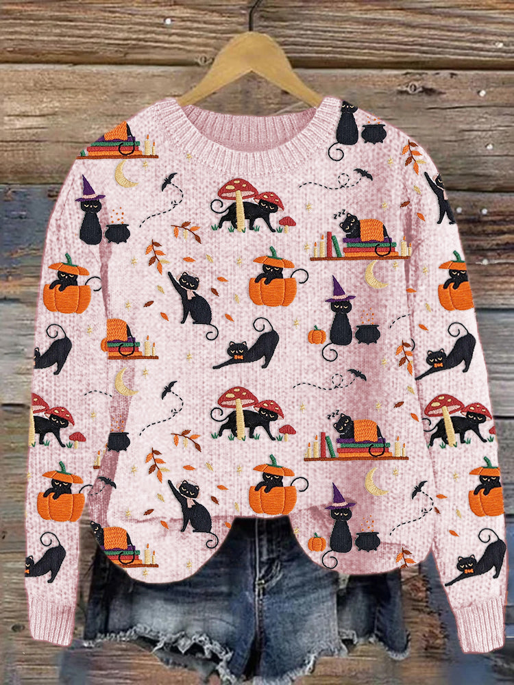 Black Cat Pumpkin Embroidery Pattern Knit Sweater elevenforest