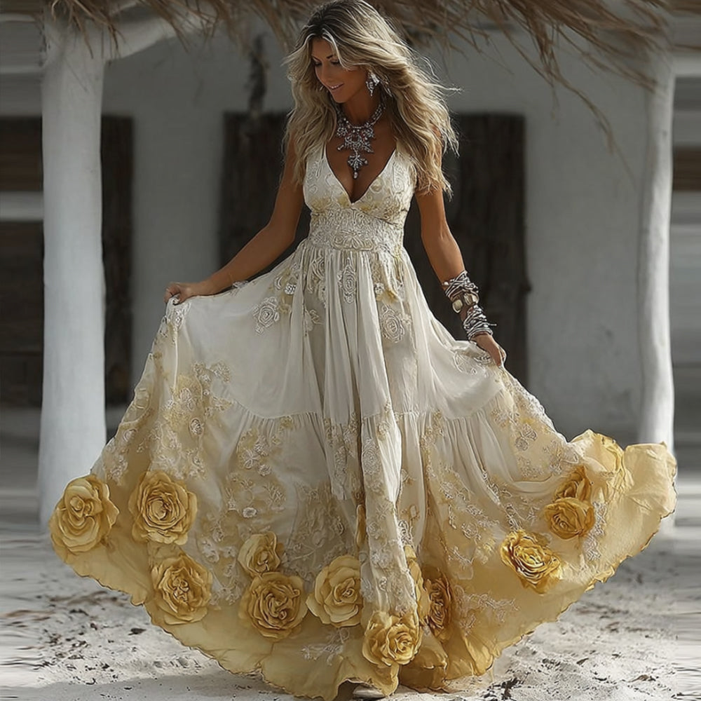 Women's Vintage Yellow Rose Camisole Dress elevenforest
