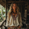 Casual Ethnic Style Embroidered Linen V Neck Long Sleeve Shirt elevenforest
